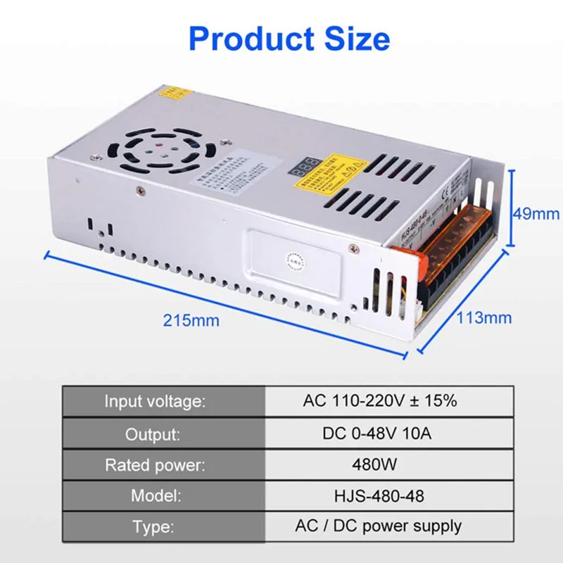 Adjustable 5V 12V 24V 36V 48V Switching Power Supply DC 60V 80V 120V 160V 220V 300V 480W Digital Display SMPS Source Transformer