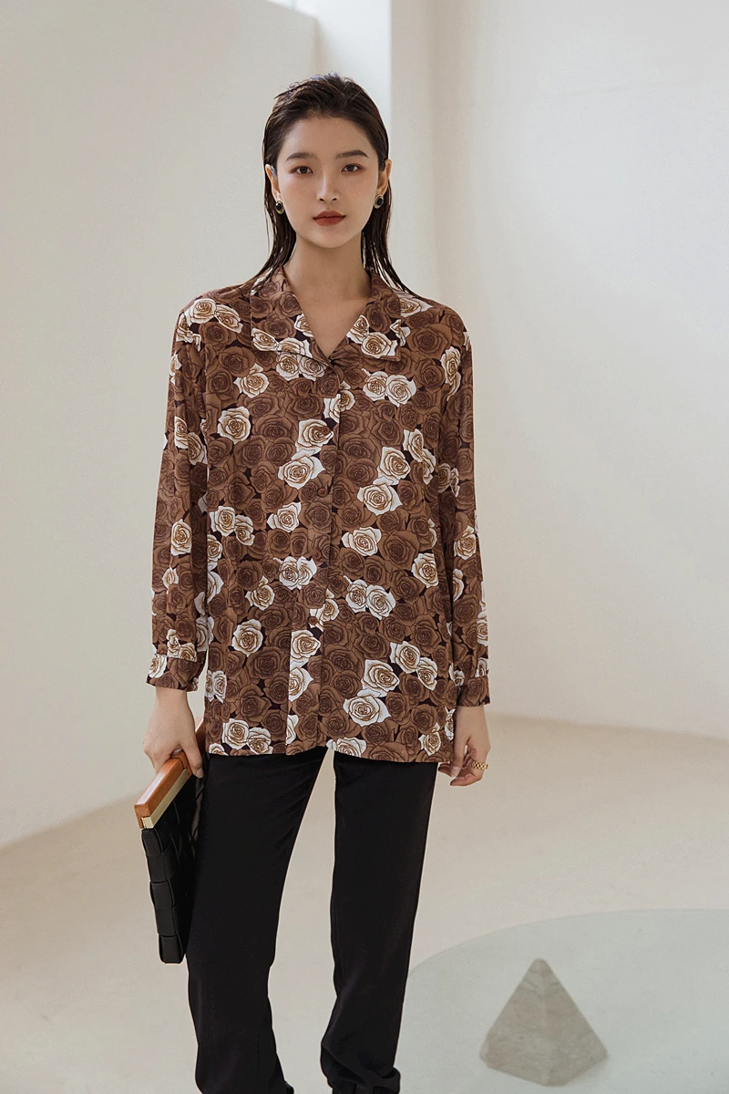 CHEERART Autumn Brown Shirt For Women Long Sleeve Top And Blouse Loose Rose Floral Print Blouse Button Up Collar Shirt Clothes