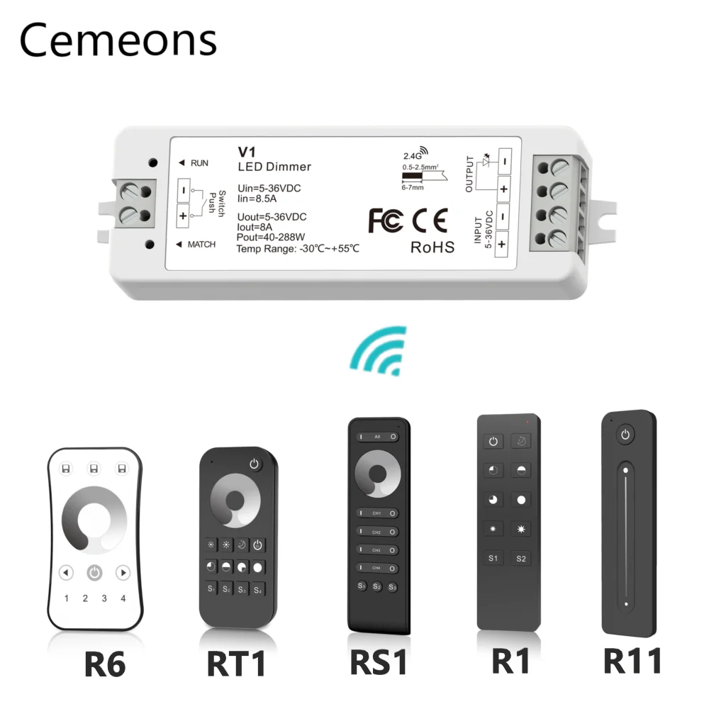 V1 DC 5V/12V/24V 8A PWM Wireless LED Dimmer Controller Switch +Touch RF Remote for Single Color COB 5050 3528 Dimming LED Strip