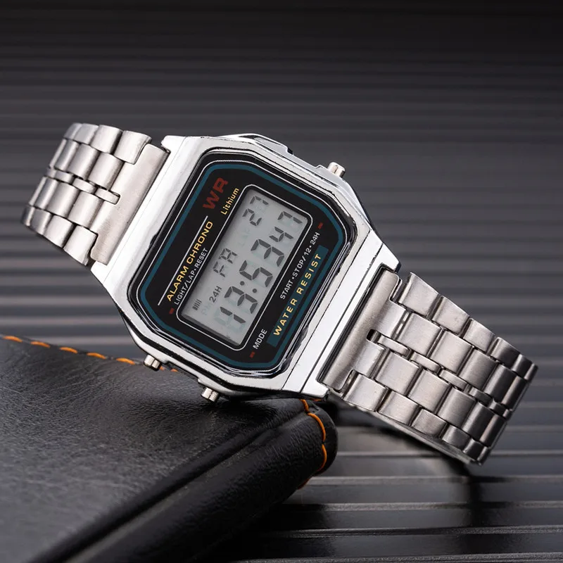 Reloj deportivo Digital para hombre y mujer, pulsera electrónica con correa de acero F-91W, LED, estilo militar, novedad