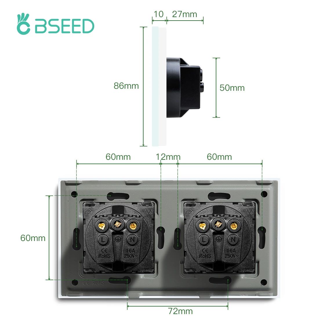 BSEED-Enchufes de pared de la UE, doble toma de corriente, Blanco, Negro, doble marco, USB tipo C, puerto de carga de teléfono, Panel de vidrio,