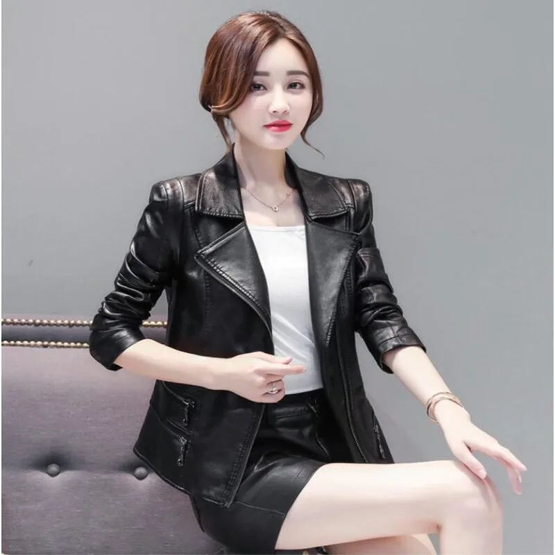 New Women Lapel Leather Coat Spring Autumn Long Sleeved Zipper Faux Leather Jacket Female Punk Outwear Ladies Sheepskin Outwear