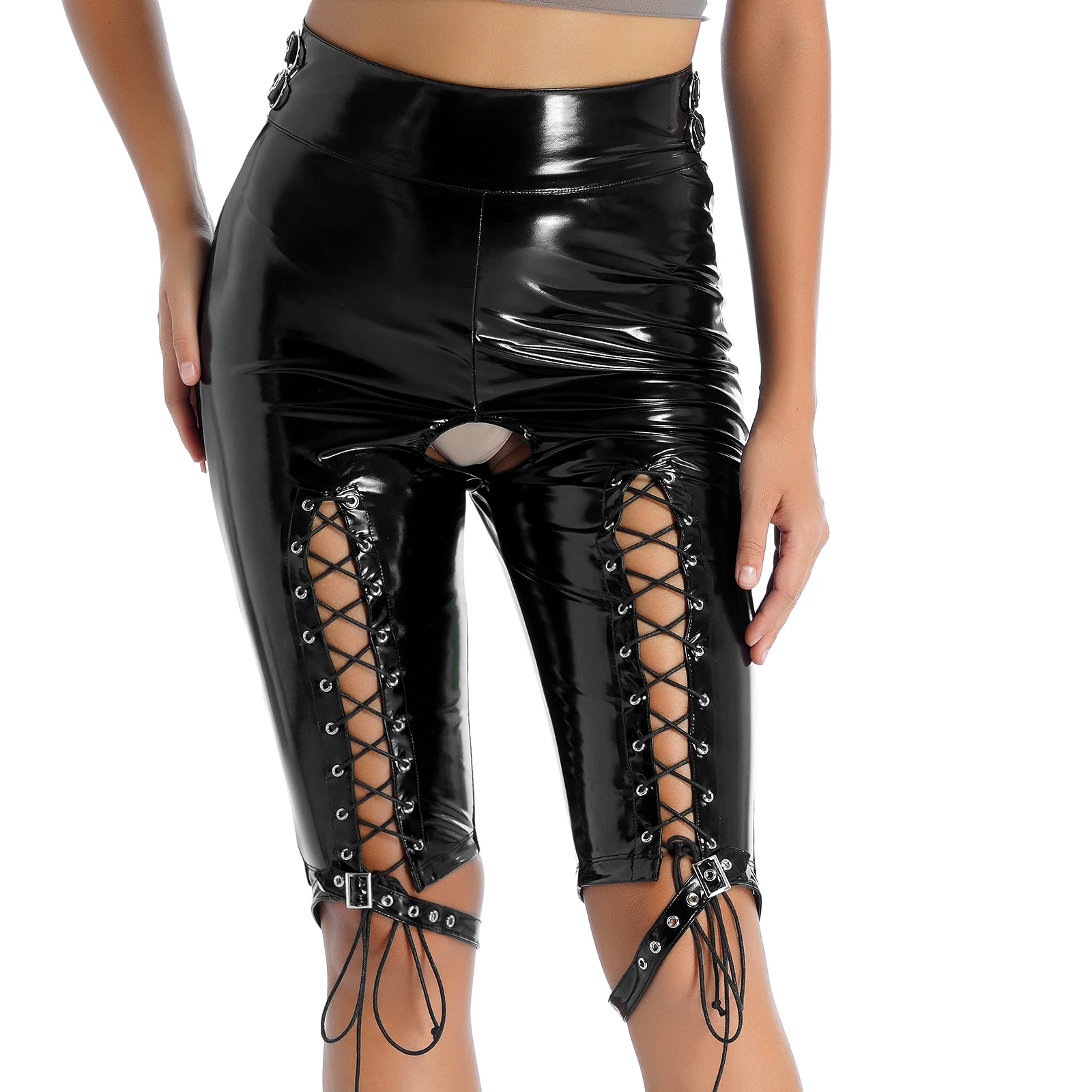 

Women Wet Look Patent Leather Crotchless Shorts Lace-up Front Trousers High Waist Adjustable Buckle Zipper Back Short