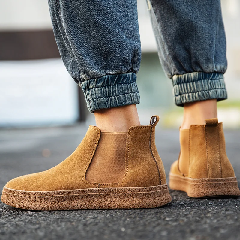 New Casual Autumn Winter Slip-On Men Shoes British Cow Suede Tooling Ankle Boots Platform Dress Chelsea Boots Work Luxury Shoes