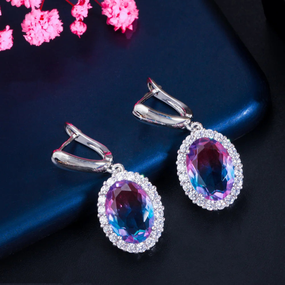 CWWZircons Bridal Gradient Tourmaline Color Oval CZ Set Halo Pendent Necklace Drop Earrings Wedding Brides Jewelry Gift T0735