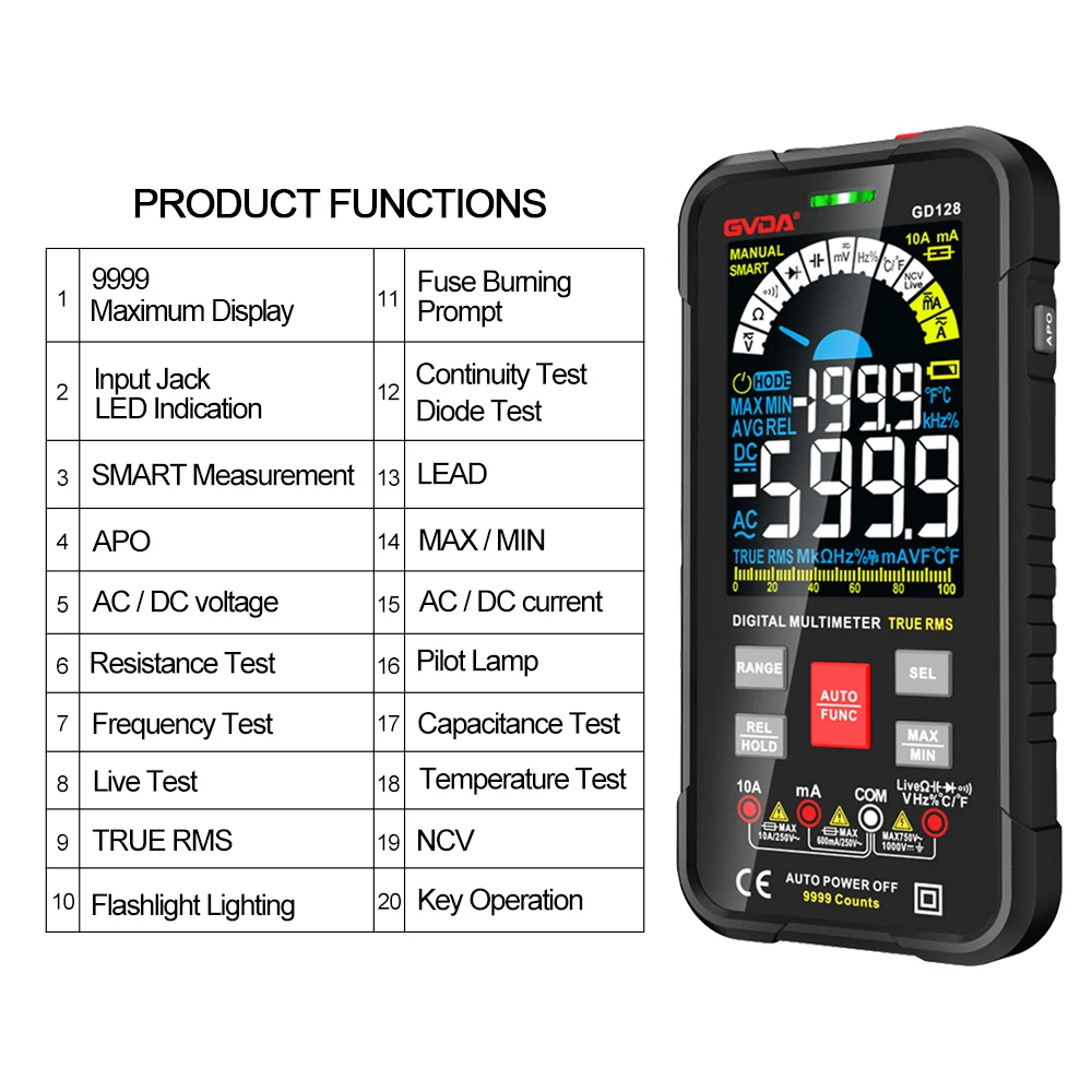 GVDA Digital Multimeter 9999 Counts DMM Voltmeter True RMS AC DC NCV Voltage Meter Smart Ammeter Auto Range Capacitance Tester