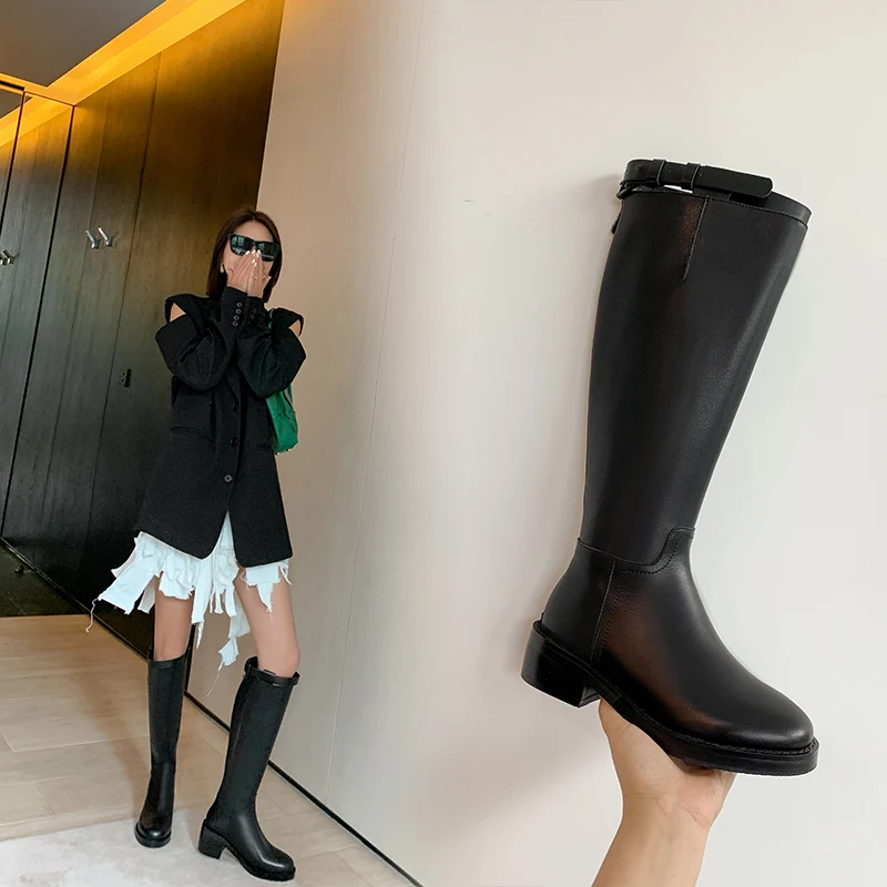 HOT sale Women knee-high boots Natural Leather Boots plus size 22-26.5cm Widened boot women\'s long boots Motorcycle boots