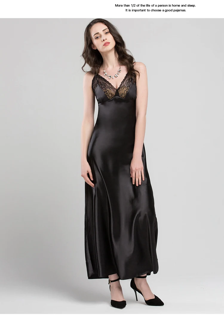 Lace Sexy Sling Sleeping Dress Satin Silk Sleepwear Women Faux Silk Long Bathrobes Female Sleeveless V-Neck Nightgowns C1618