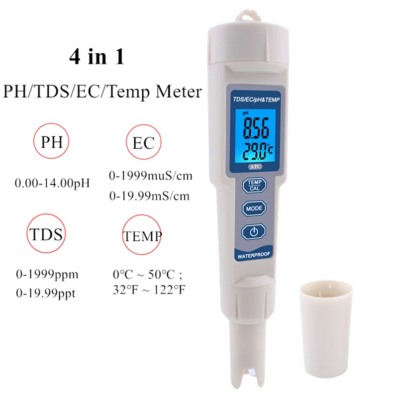 Misuratore PH 4 in 1 Tester digitale per analizzatore di qualità dell'acqua potabile PH/TDS/EC/temperatura per acqua potabile dell'acquario della piscina