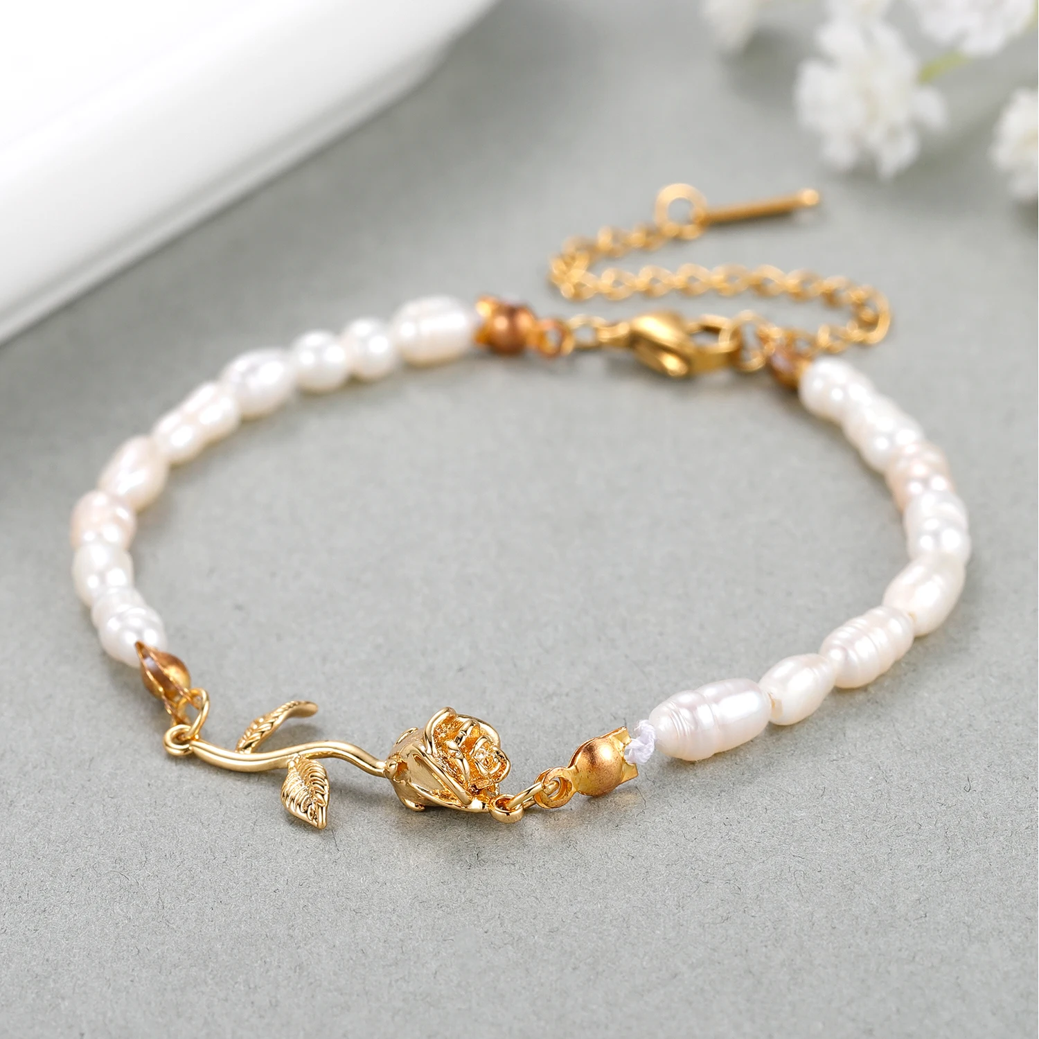 Beaded Pearl Bracelets Romantic Rose Flower Bracelet Gift For Girlfriend Bridesmaid Bracelet Silver Bracelet Wedding Jewelry