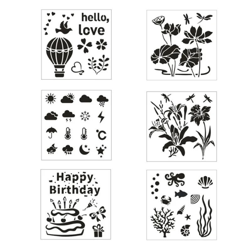 

6pc Stencils For Decor Flower Painting Template DIY Scrapbooking Diary Embossing Accessories Office School Supplies Reusable