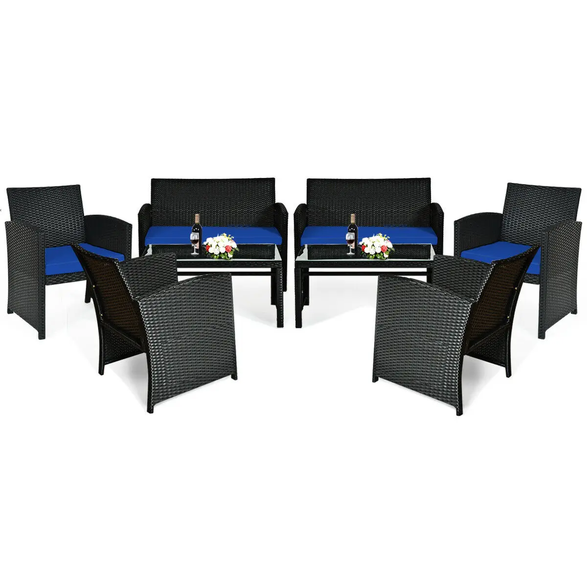 8PCS Patio Rattan Furniture Conversation Set Cushion Sofa Table Garden Navy  2*HW63239NY