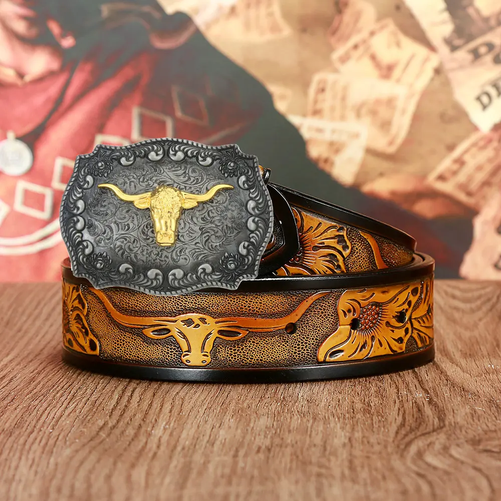 Western cowboy men's leather dai personality embossed belt youth fashion trend domineering bull head buckle