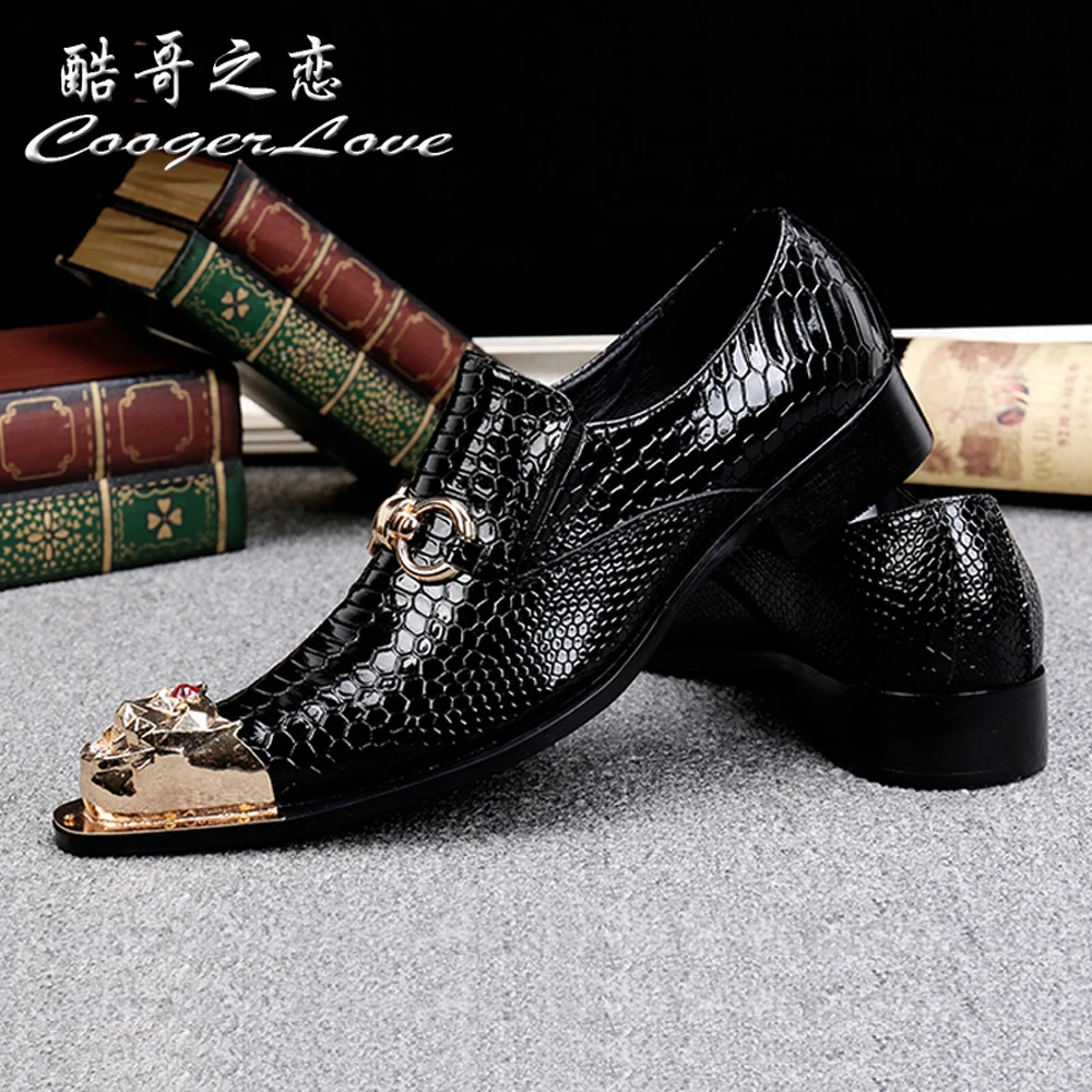 Summer Business Dress Men\'s shoes Black Snake Embossed Genuine Leather Shoes Dragon Head pointed Party Trend Wedding shoes