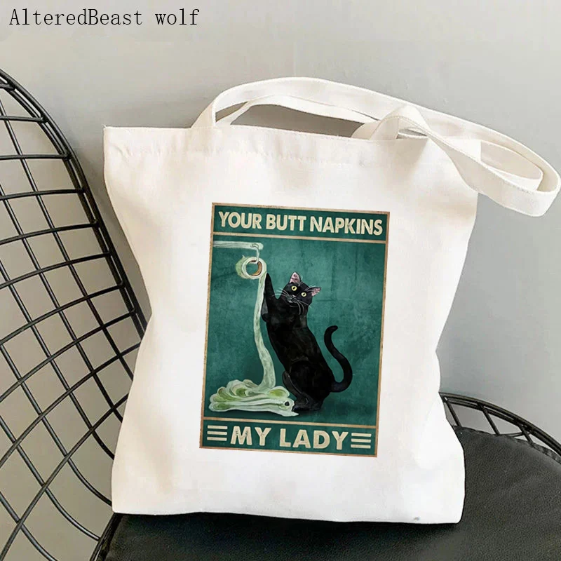 Women Shopper bag Cat Why Hello Sweet Cheeks Have A Seat Bag Harajuku Shopping Canvas Bag girl handbag Tote Shoulder Lady Bag