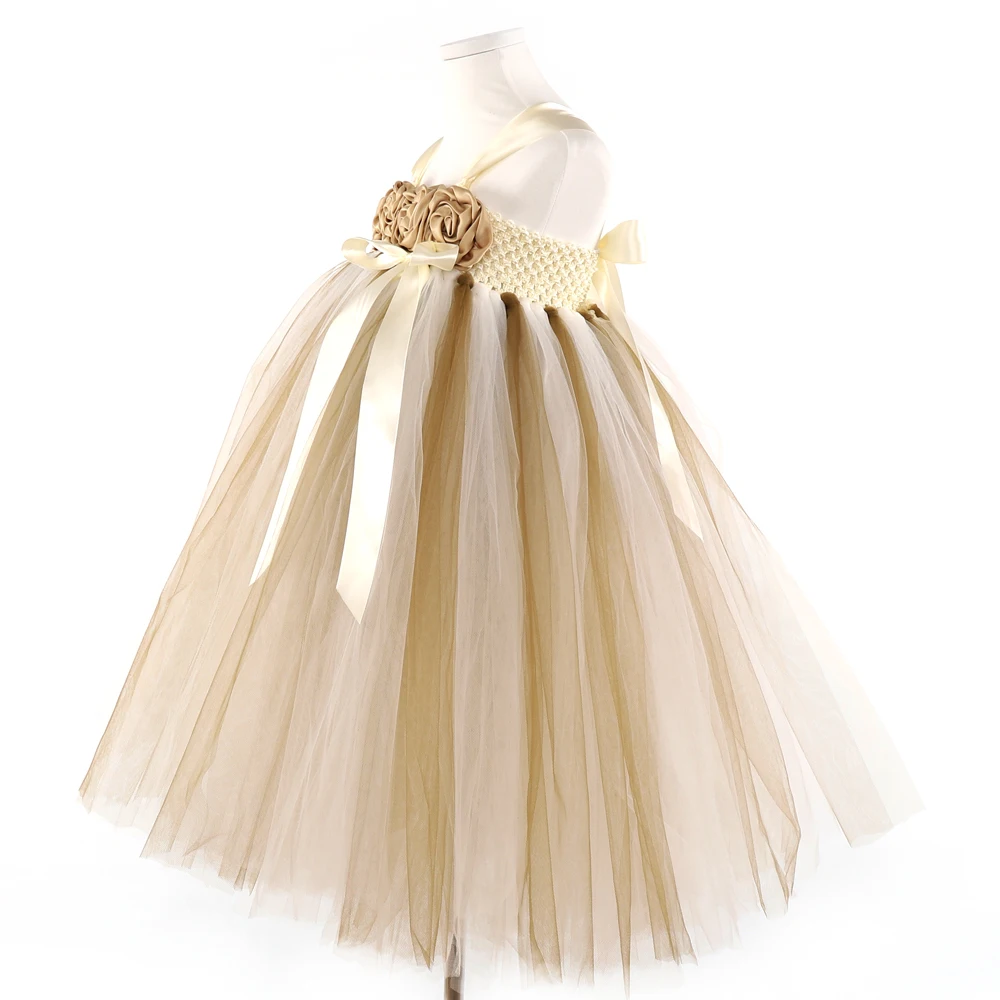 POSH DREAM Ivory Flower Girl Dress Gold Champagne Flower Girl Tutu Dress Birthday Party Clothes for Children Kids