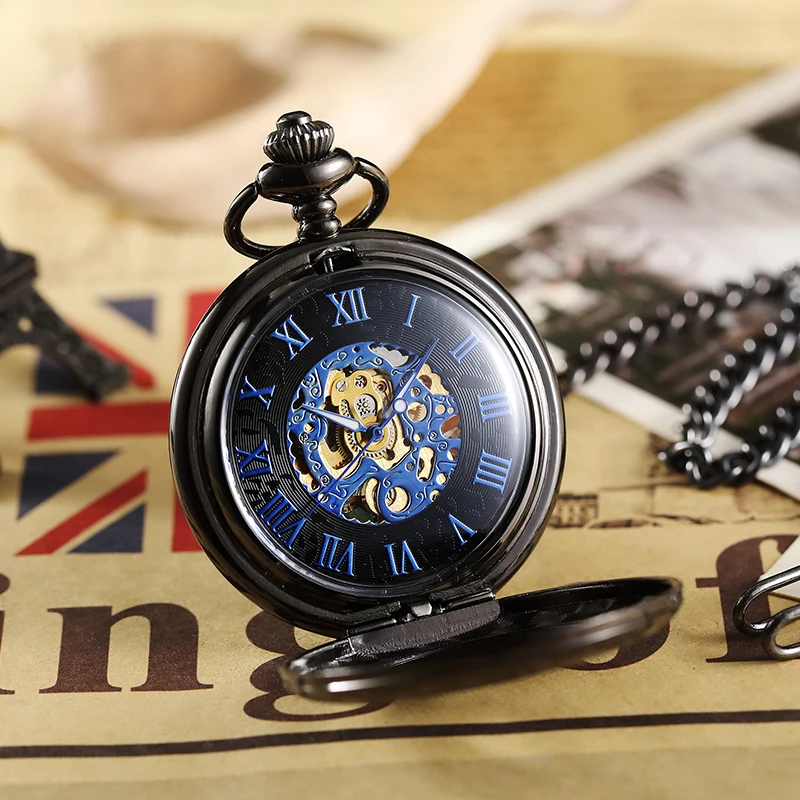 2020 Top Luxury Steampunk Black Mechanical Pocket Watch With FOB Chain Hand Wind Skeleton Hollow Clock For Men Women Gift Box