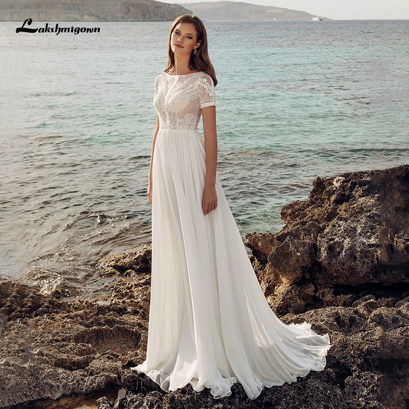 Robe De Mariee 2021 Simple Wedding Dresses White robe longue Chiffon Bridal Gown Beach Boho Wedding Dress Scoop Neck Custom Made