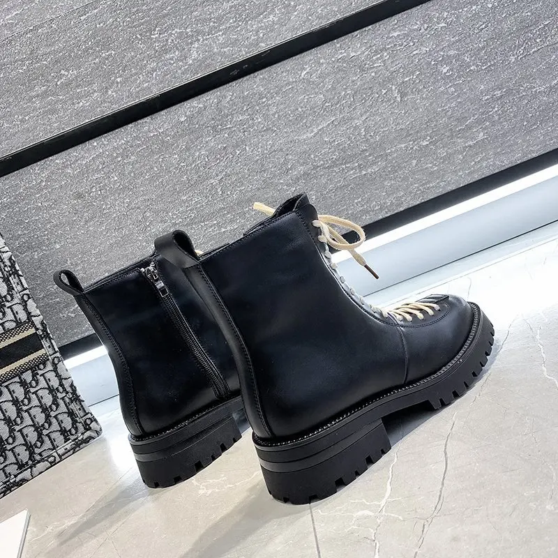 Women Boots Leather Women Black Ankle Boots Motorcycle Boots Female Spring Autumn Winter Thick Shoes Woman Punk Shoes