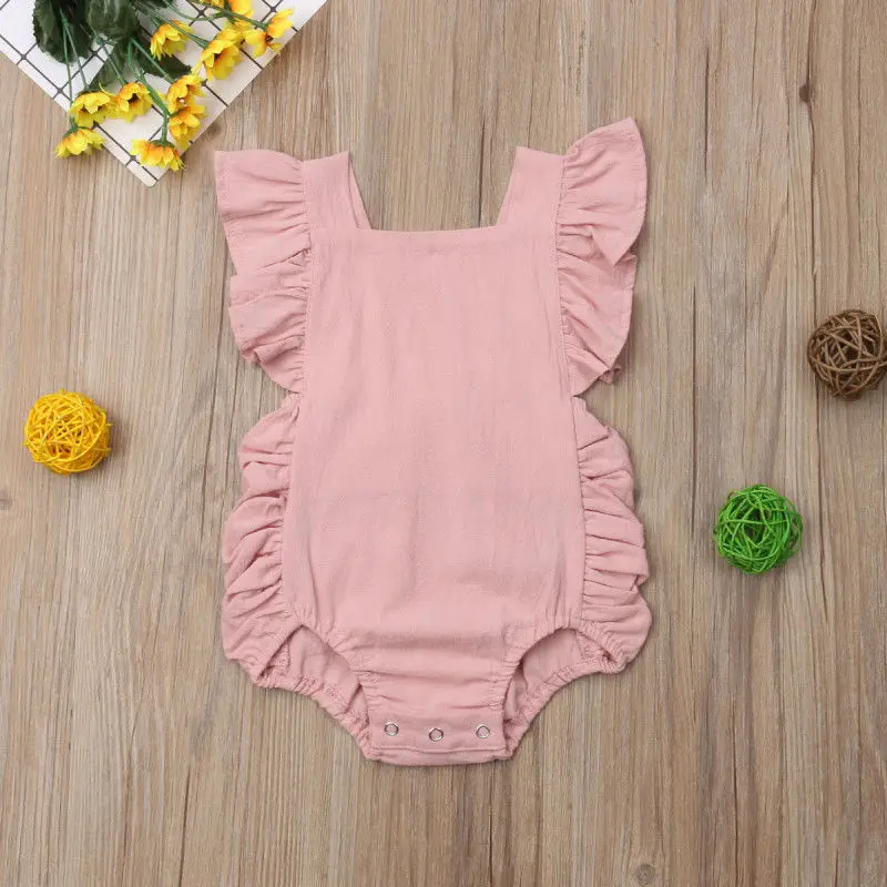 Bebê recém-nascido Ruffled Sem Mangas Backless Romper, Macacão De Cor Sólida, Roupa De Sunsuit, Roupas De Verão, 0-24M