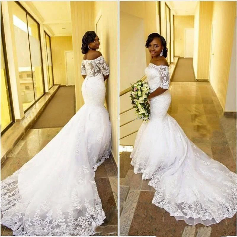 

Off Shoulder Long Train Africa mermaid wedding dress 2020 Lace Up Plus Size bride dress pure white Lace wedding gown