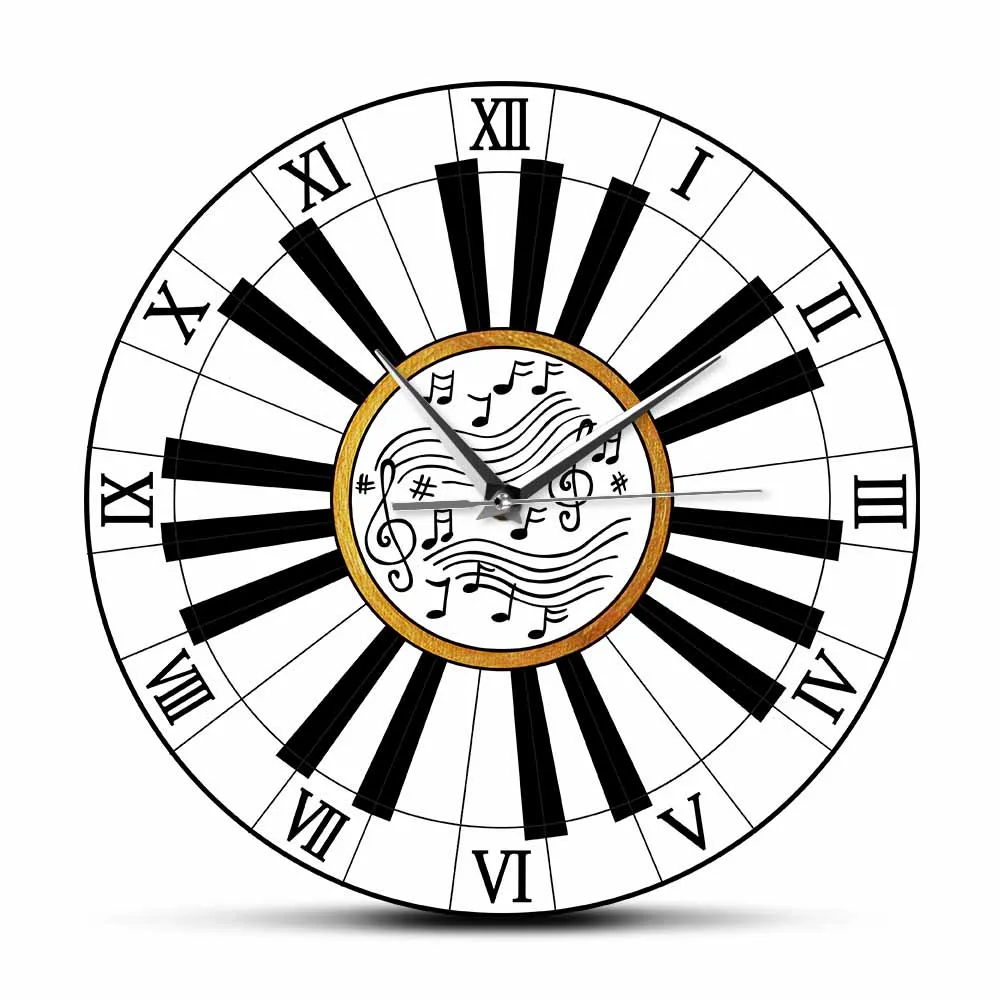 

Black And White Piano Keyboard Roman Numerals Wall Clock Musical Notes Artwork Silent Non Ticking Wall Watch For Music Studio