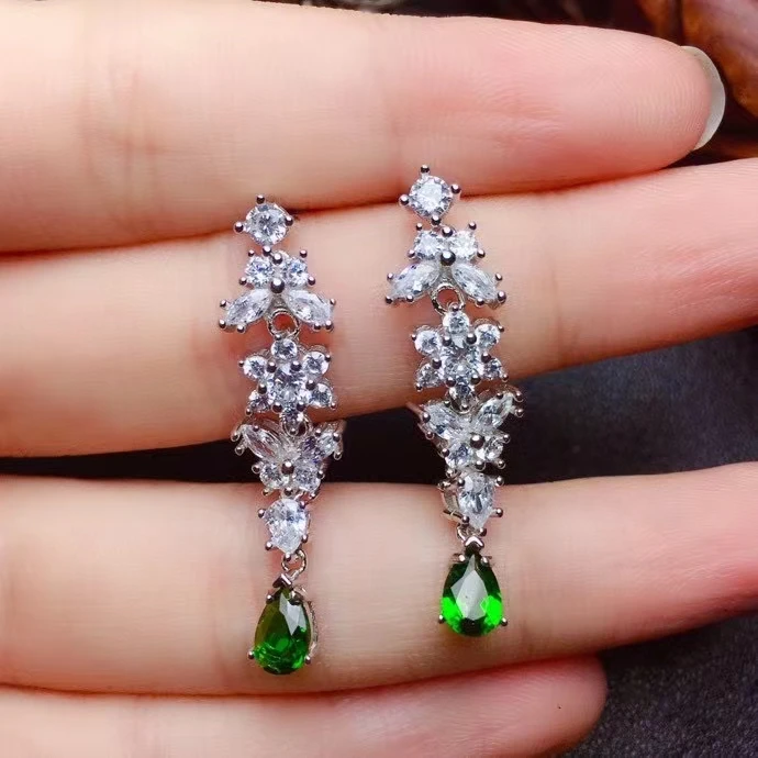 

KJJEAXCMY fine jewelry 925 sterling silver inlaid natural diopside women vintage plant water drop gem eardrop earrings support d