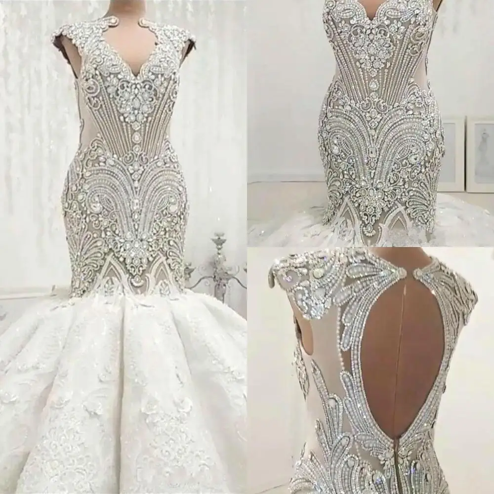 

2025 Luxury Mermaid Arabic Dubai Wedding Dresses Plus Size Crystal Beaded Lace Applique Vintage Bridal Gowns Vestido De Novia