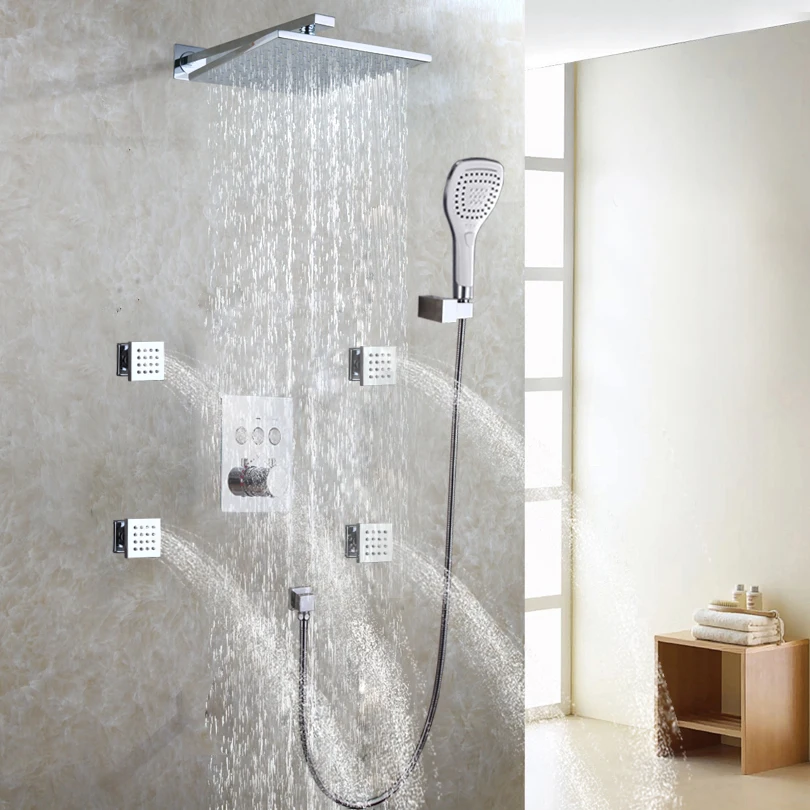 

DULABRAHE Brass Rain Shower System 25X25 CM Rainfall Head Wall Mounted Conceal Chrome Thermostatic Mixer Faucet Set