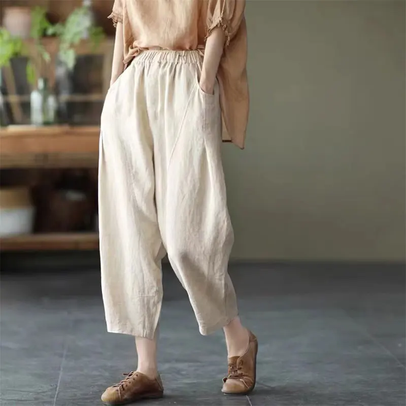 2022 Summer Arts Style Women Elastic Waist Ankle-length Loose Casual Pants Solid Cotton Linen Harem Pants 6 colour V604