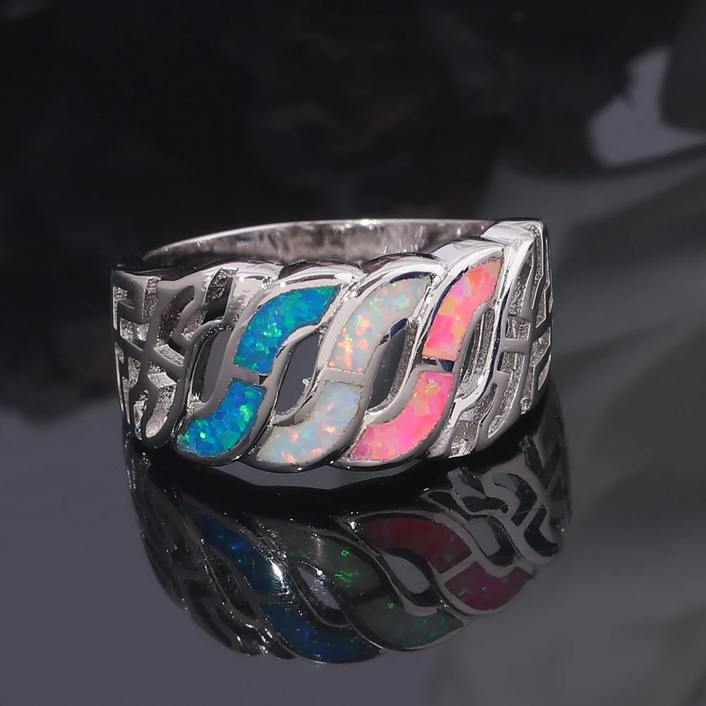 CiNily Created Blue White Pink Fire Opal Hollow Rings Silver Plated Ring Retail Fashion Jewelry for Women Wedding Ring Size 5-11