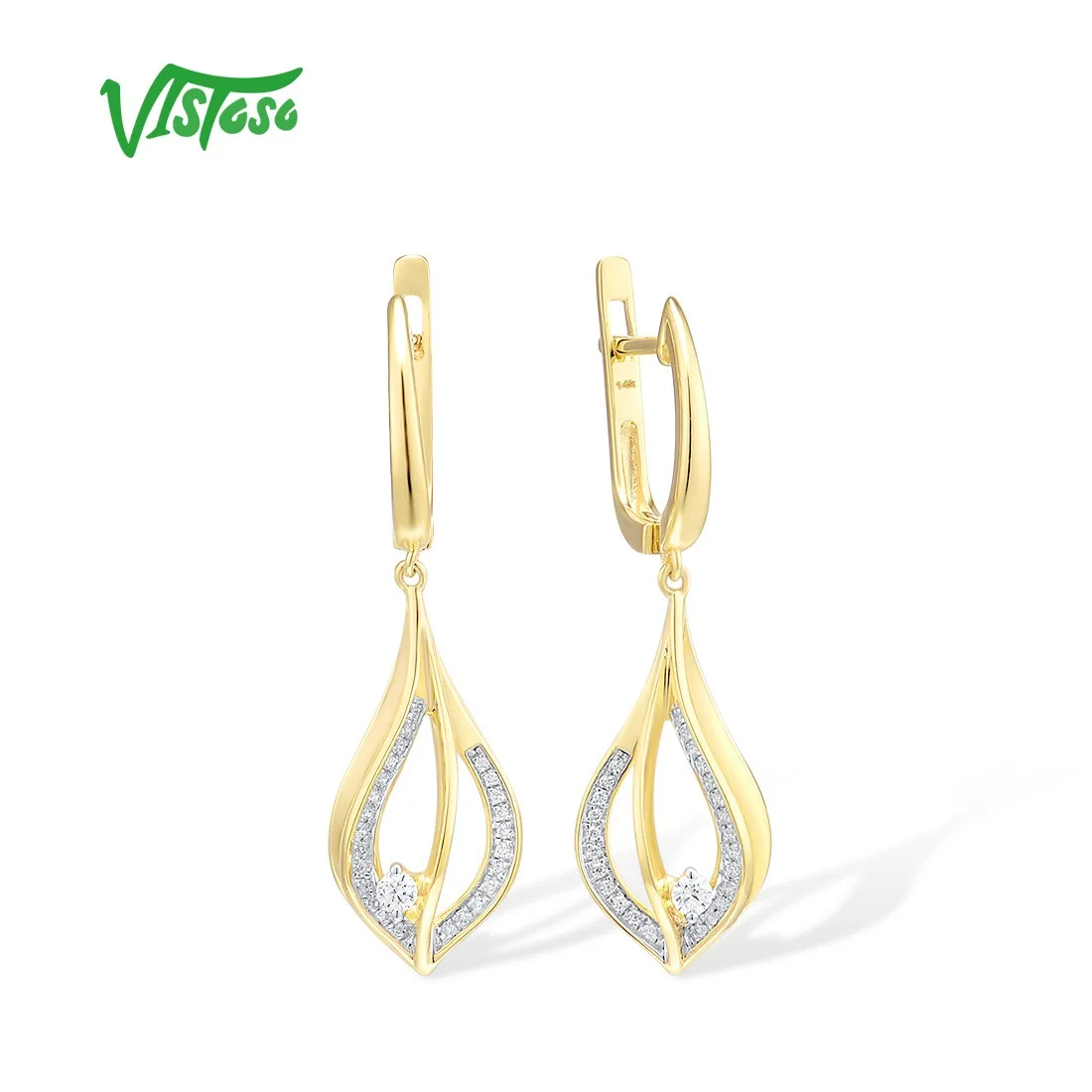 VISTOSO Gold Earrings For Women Pure 14K 585 Yellow Gold Sparkling Diamond Dangling Earrings Geometric Delicate Fine Jewelry