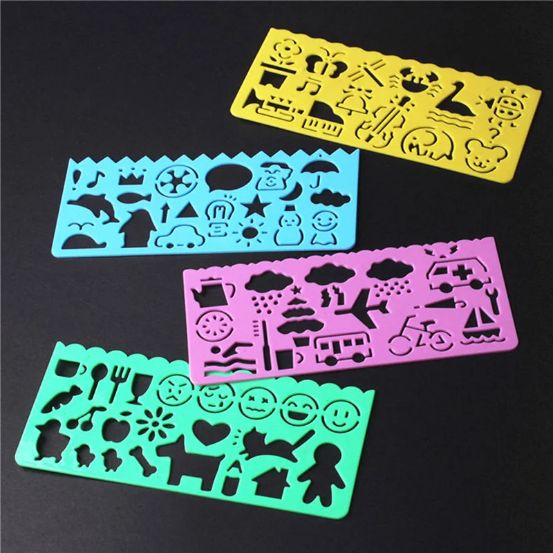 4Pcs Candy Color Cute Art Graphics Symbols Drawing Template Stationery Ruler Student Kids Drafting Stencil Ruler Stationery