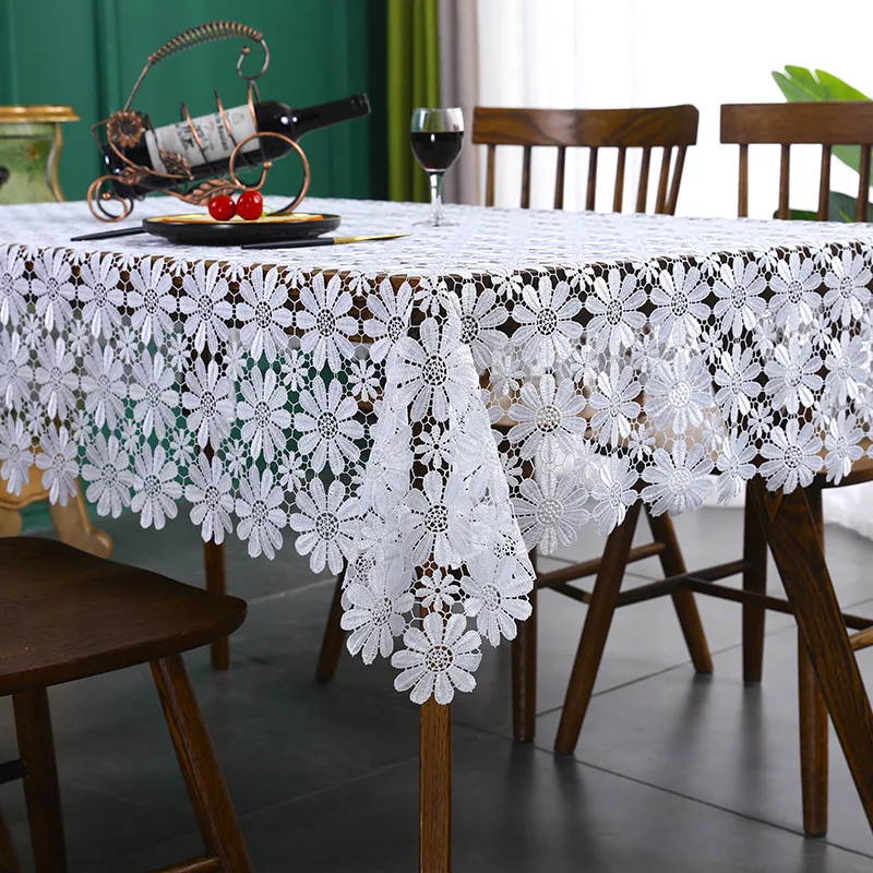 White Embroidery Tablecloth for Home, Lace Hollow Tablecloth for Wedding, Birthday Party, Banquet, Multi Size Furniture Cover