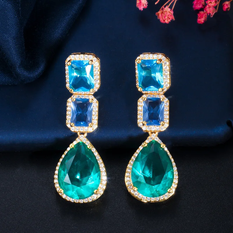 QTT Retro Paraiba Lab Emerald Tourmaline Stone Dangle Earrings For Women Vintage Silver Gold Jewelry For Wedding Bride