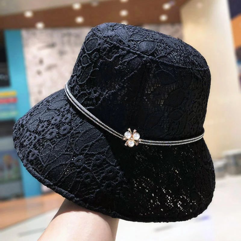 2021 New Fashion Lace Bucket Hat Women Summer Beach Sun Floppy Hats Flat Foldable Hollow Visor Caps