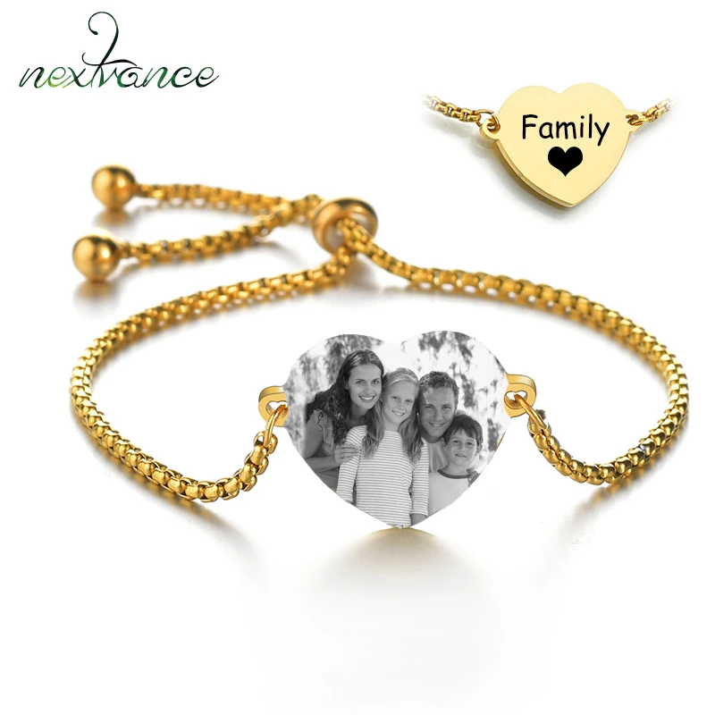 Nextvance Stainless Steel Custom Photo Name Pendant Bracelet Personalized Engraved Heart ID Tag Bangles For Family Gift