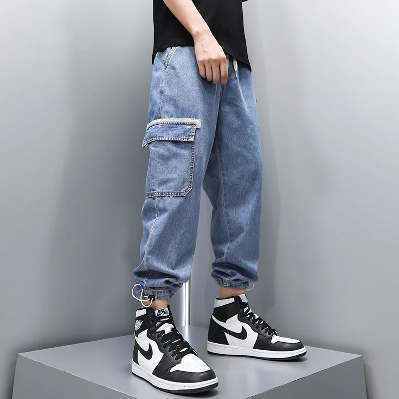 N1031 Spring Men's Clothing Jeans Trendy Cargo Big Pockets Drawstring Tie Feet Korean Style Street Loose All-Match Denim Pants