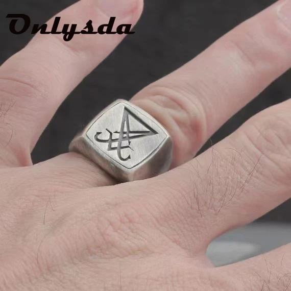 Onlysda Gothic Lucifer Seal of Satan Signet Rings Punk Stainless Steel Seal Rings Men and Women Pagan Jewelry Party Gift OSR918