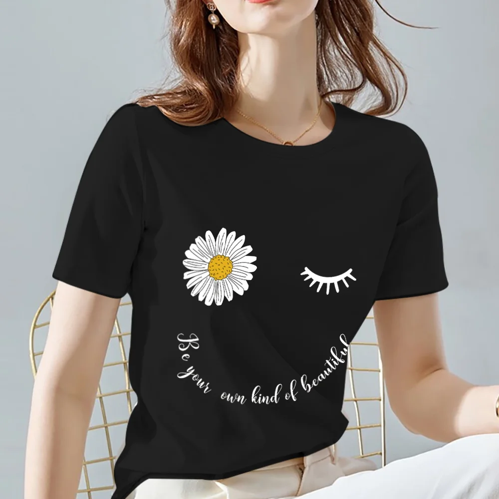 

Women T-shirts Summer Black All-match Printing Tee Daisy Pattern Print Series Female Tops O-neck Casual Ladies Short Sleeve