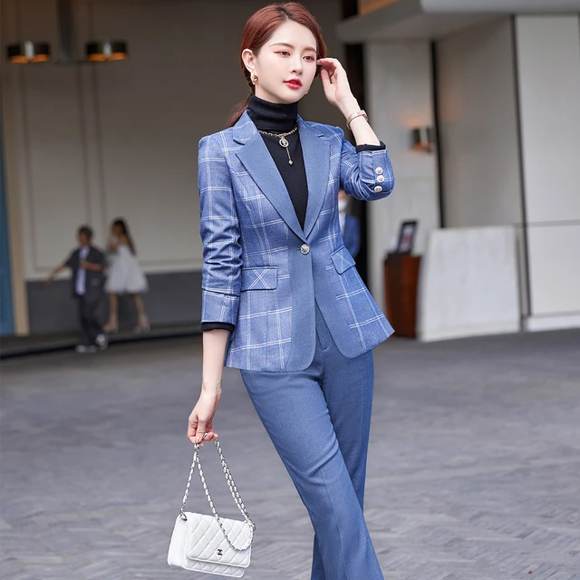 Elegant Ladies Red Blue Plaid Blazer Pant Suit 2 Piece Set Formal Women Female Jacket and Trouser For Office Work Business Wear AliExpress 200000345