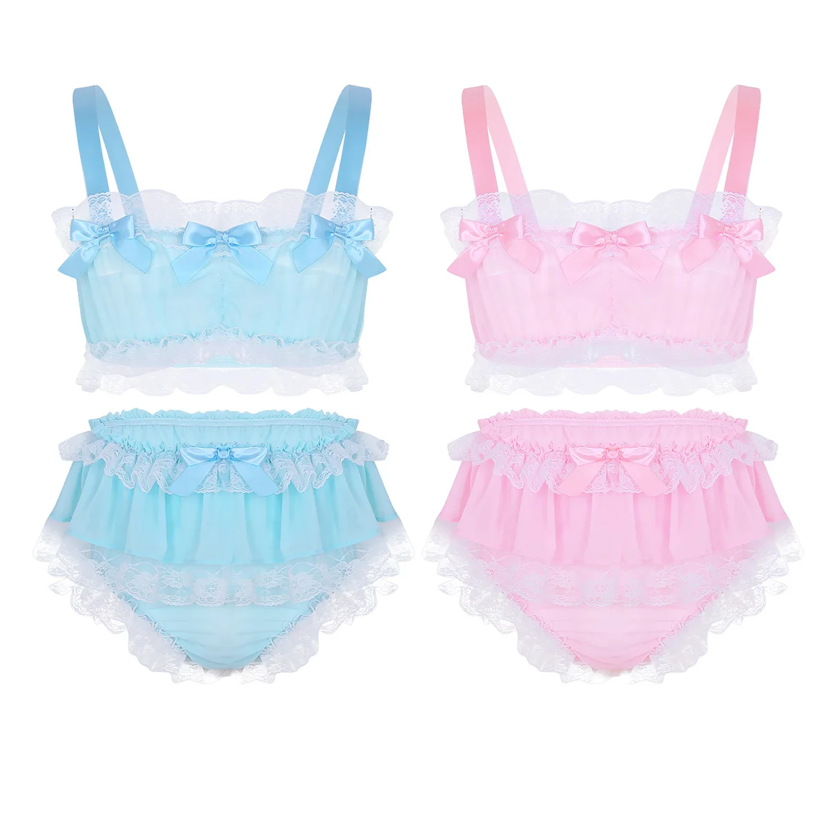 2Pcs Mens Ruffled Lace Sheer Chiffon Sissy Lingerie Set Sleeveless Crop Top with Skirted Petticoated Panties Sexy Men Underwear