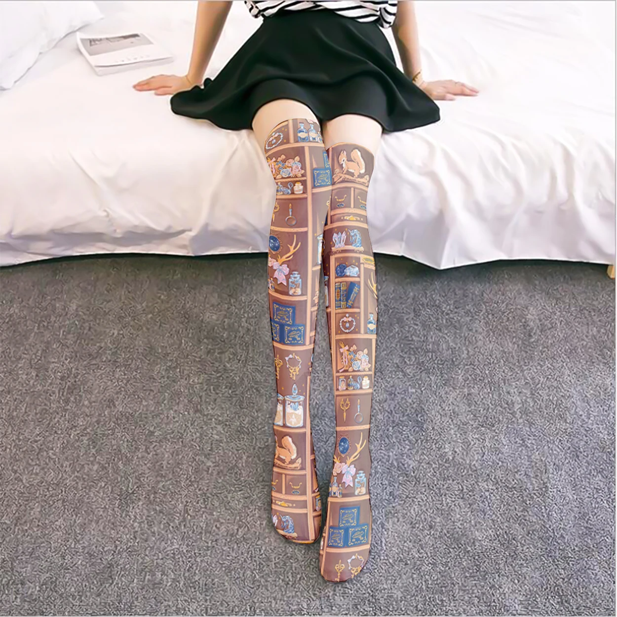 3D drukowane modne damskie pończochy Sexy wysokie uda studentka Cosplay różowe słodkie śmieszne jedzenie Over-The-Knee jedwabne pończochy