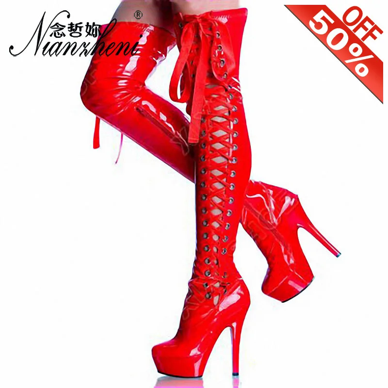 Sexy Patent leather Riband Hollow Over the knee Boots 15CM High heeled shoes Red Crystal Thin heels Nightclub Pole Dance 6inches