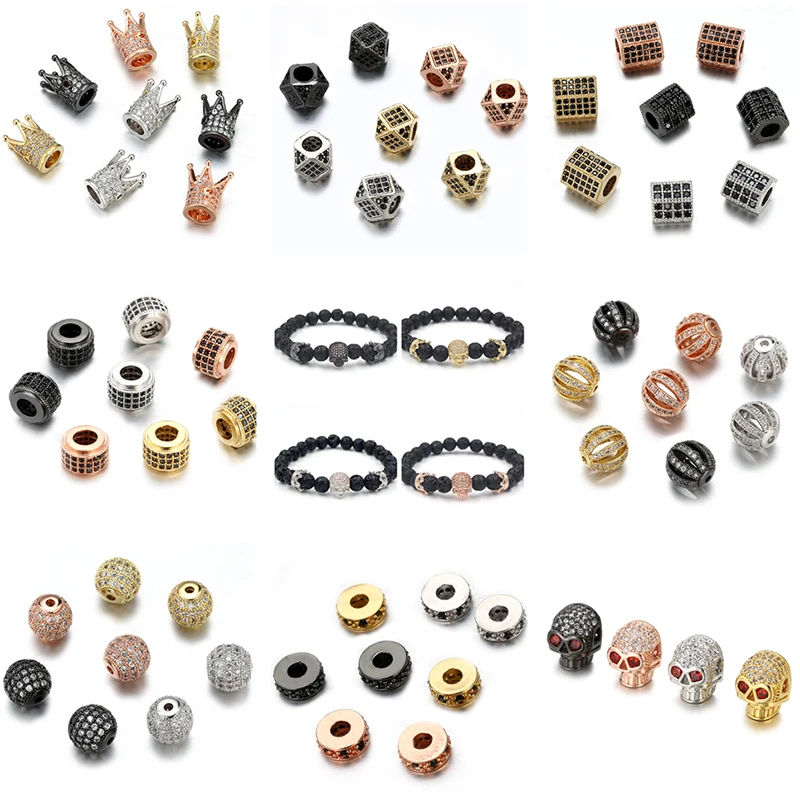 3Pcs/Lot Metal Copper Micro Pave CZ Geometry Crown Leopard Helmet Skull Round Space Charms Beads for Jewelry DIY Bracelet Making