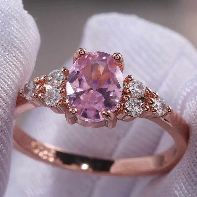 Huitan Romantic Pink AAA Cubic Zircon Stone Princess Rings With Rose Gold Color Engagement Accessories Tiny Delicate Rings