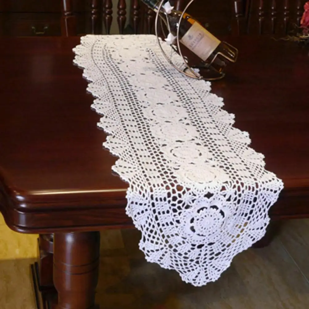 Fresh Water Lotus Handmade Crochet Lace Hollow Dining Table Runner Chinese Nostalgic Cotton Woven Table Flag Home Decor