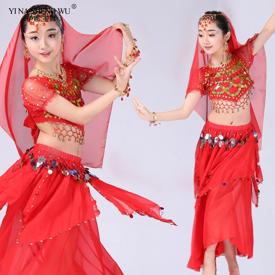 Costume de danse orientale pour enfants, tenue indienne pour danser le ventre, 4 pièces/ensemble