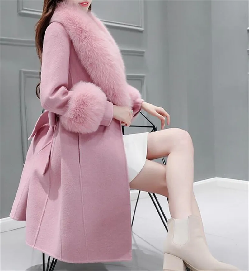 2024 Autumn Winter High End Fashion Coat Slim Was Thin Woolen Coat Faux Fur Fur Collar Slim Was Thin Mid-length Coat Women Coat