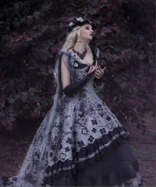 Grey Black Lace Gothic Evenig Dresses 2022 Mystic Garden Butterfly Lace-up Corset Top Renaissance Halloween Cosplay Prom Dress